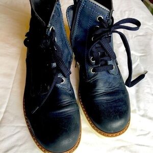 ITALIAN made leather lace up navy blue boots with side zip.